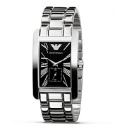 Emporio Armani classic-inspired stainless steel bracelet watch with rectangular-shaped black dial. Numbers displayed as Roman numerals. Second hand. Signature eagle logo detail.