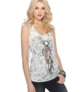 Go for a southwest-inspired look with this dream-catcher printed Miss Me tank -- fringe & stud details accent the style!