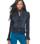 Accented in ladylike ruffles, this petite denim jacket from INC is a chic reinvention of a classic layer.