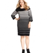 Look stunning in stripes with Spense's three-quarter-sleeve plus size sweater dress!