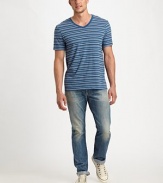 Rendered in lightweight cotton, this multi-colored, striped tee is perfect for warm weather outings.V-neckCottonMachine washImported