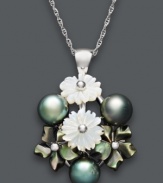 Give her flowers to last a lifetime. This timeless pendant features a pretty bouquet crafted from cultured Tahitian pearls (7-8 mm) and cultured freshwater Mother of Pearl (10 mm) suspended from a delicate sterling silver chain. Approximate length: 18 inches. Approximate drop: 1-1/8 inches.