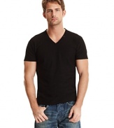 V-neck slub jersey tee shirt with small snap pocket at neckline.