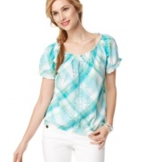 Go mad for plaid with Style&co.'s pretty peasant top! Intricate embroidery adds extra appeal.