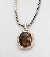 From the Noblesse Collection. An elegant faceted smokey quartz is edged in pavé diamonds and hangs on a sterling silver cable chain. Smokey quartz Diamonds, 0.3 tcw Sterling silver Chain length adjusts from about 16 to 17 Pendant width, about ½ Lobster clasp Made in USA