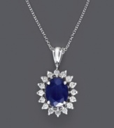 Unparalleled glamour. Effy Collection's intricate oval-shaped pendant features a brilliant sapphire (2 ct. t.w.) surrounded by sparkling diamonds (3/8 ct. t.w.). Set in 14k white gold. Approximate length: 18 inches. Approximate drop: 3/4 inch.