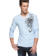 Change up your casual shirt style with this slub weave henley with hip chest graphic from INC.