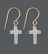 Standout style with plenty of symbolism. Express your faith in dangling cross earrings. Crafted in 14k gold with sparkling diamond accents. Approximate drop: 1 inch.