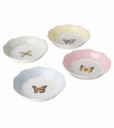 Discover a beautiful butterfly at the bottom of your fruit dish. Perfect for mixing and matching with Butterfly Meadow dinnerware, this whimsical set features four pretty pastels and a delicate vine design. With a gently scalloped rim. Qualifies for Rebate