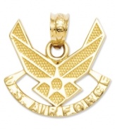 Honor a courageous member of the U.S. Air Force with this symbolic charm. Crafted in 14k gold, charm features a textured and polished design. Chain not included. Approximate length: 3/5 inch. Approximate width: 3/5 inch.