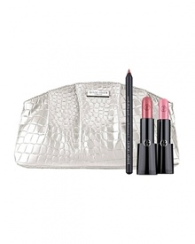 A collection of Rouge d'Armani best sellers housed gathered in a deluxe white cosmetics bag.This set includes: - 2 ROUGE D'ARMANI LIPSTICKS in 512 and 605- SMOOTH SILK LIP PENCIL in #2