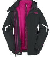 This three-in-one North Face® jacket features rugged, waterproof construction with a unique pop of color in the lining and trim.