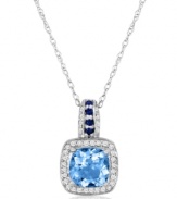 Liven your look with a splash of sparkling color. Le Vian's exquisite pendant features a cushion-cut aquamarine (1-3/8 ct. t.w.), round-cut diamonds (1/5 ct. t.w.) and bright sapphire accents. Crafted in 14k white gold. Approximate length: 18 inches. Approximate drop: 3/4 inch.