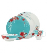 Chirp dinnerware takes on a whole new life in this flowery oval platter from Lenox. Vibrant red blossoms paint a cheerful scene against a backdrop of turquoise and white.