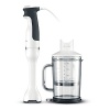 The Breville Control Grip Immersion Blender makes prep work easy. The 8 blender shaft blends and purées soups and sauces. The nonscratch base prevents damage to your cookware.