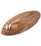 A perfect pairing. Designer Aaron Johnson marries a slab of gorgeous acacia wood with a modern stainless steel knife in the party-perfect Swoop cheese board set from Nambe.