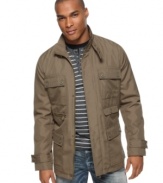 At ease. This laid-back lightweight jacket from Kenneth Cole Reaction borrows military styling but in a relaxed remix.