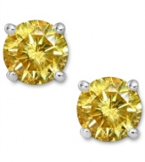 Add a pop of sunshine-bright color, in one small drop. These sparkling stud earrings feature round-cut yellow diamonds (1 ct. t.w.) in a four-prong setting of 14k white gold. Approximate diameter: 1/5 inch.