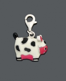 This charm is utterly fantastic. Crafted in sterling silver, this adorable cow charm features black, white and pink accents. Approximate drop: 1/2 inch.