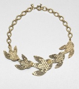 A richly feathered flock of graceful birds wing their way across this lovely necklace on a bold oval link chain with screw-head connectors.Oxidized brassLength, about 20Spring ring claspImported