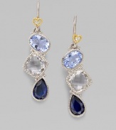 From the Prism Collection. A geometric trio of sparkling stones - blue quartz, blue corundum, and crystal - is topped off by a heart-framed white sapphire, all edged in sterling silver.White sapphire, blue quartz, blue corundum, and crystal Sterling silver Length, about 1¾ Ear wire Imported