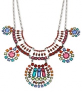 Shapely shades take center stage in this frontal statement necklace from Haskell. Crafted from hematite-tone mixed metal the necklace dazzles with multi-colored beaded accents. Approximate length: 18 inches + 3-inch extender. Approximate drop: 2-3/4 inches.