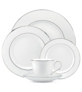 Fine dining will flourish with the Artemis rim soup bowl from Lenox. A raised floral pattern and wide bands of sumptuous platinum in white bone china embody classic elegance.