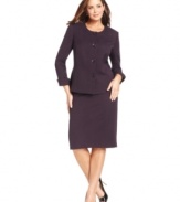 Evan Picone's plus size skirt suit looks sleek with a collarless neckline and decorative buttons. A great option for the office and beyond.