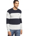 With a sporty, modern look, this striped Nautica sweater is a fresh choice for a season of sweaters.