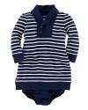 An adorable striped knit is transformed into a comfy, casual dress with a ribbed shawl collar.