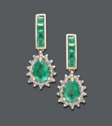 Elegance in emerald. These envy-inducing drop earrings exude brilliant color with pear and square-cut emeralds (2 ct. t.w.). Round-cut diamonds (1/4 ct. t.w.) and a 14k gold setting add extra shine. Approximate drop: 3/4 inch.