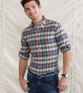 The modern fit on this plaid shirt from Tommy Hilfiger will slim down your look for summer.