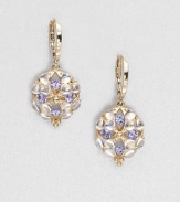 A pretty cluster of luminous royal blue moonstone and faceted tanzanite set in radiant 18k gold and accented with sparkling diamonds. Royal blue moonstone and tanzaniteDiamonds, .03 tcw18k goldSize, about 1Lever backMade in Italy