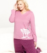 Toast to the comfortable style of Hue's Cheers Knit top and pajama pants set. Featuring a cheers graphic with rhinestone accents up top and polka dotted-pants down below.