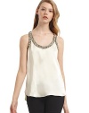 THE LOOKOrnately beaded edgesU necklineSleevelessRacerbackTHE FITAbout 26 from shoulder to hemTHE MATERIALSilkCARE & ORIGINDry cleanMade in USA of imported fabric