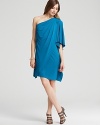 This Mark + James one-shoulder dress is richly rendered in silk and artfully cut in a billowy shape.