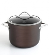 Just right. The perfect kitchen companion, this elegant bronze piece features multiple layers of nonstick technology, a hard-anodized construction and stay-cool handles for an unrivaled combination of professional performance and everyday ease. Your go-to for cooking soups, stocks, chili and more. Lifetime warranty.