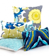 Bold and beautiful. Add a splash of color to your Trina Turk bed with this decorative pillow, featuring a modern floral design in shades of blue and green for an artistic appeal.