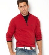 Nautica has your casual layered look covered with this cool mock neck pullover sweater with quarter-zip.