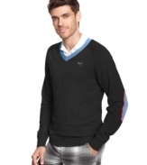 Pops of color on this v-neck Puma golf sweater will be almost as eye-catching as your swing.