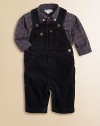 This essential set pairs a versatile corduroy overall with a preppy plaid button-down. Shirt Straight point, button-down collarLong sleeves with barrel cuffsButton-front Overall Adjustable shoulder strapsFront snapsSide snapsAngled hand pocketsSnap-flap coin pocketBack patch pocketsCottonMachine washImported Please note: Number of buttons may vary depending on size ordered. 