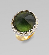 This stunning 18k goldplated piece features a single circular green tourmaline stone. Brass Silvertone setting Width, about 1 Made in USA 