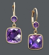 Polish your look with vibrant purple. Cushion-cut and round-cut amethyst (8-1/2 ct. t.w.) sit in a polished 14k gold setting. Approximate drop: 1 inch.