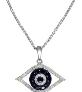 Keep safe the stylish way. EFFY Collection's good luck pendant features the evil eye with round-cut sapphires (1/4 ct. t.w.), white diamonds (1/8 ct. t.w.) and black diamond accents. Set in 14k white gold. Approximate length; 18 inches. Approximate drop length: 13/20 inch. Approximate drop width: 18/25 inch.