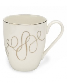 Sweet yet sophisticated, a loopy heart design sweeps across these white porcelain mugs from Mikasa. Complete with a sparkling platinum rim, this flirty ribbon pattern captivates everyone at your dinner table.