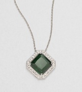 A rich emerald-colored faceted square of cubic zirconia is framed by shimmering pavé crystals in this lovely design on a silvery chain.Crystal and cubic zirconiaRhodium platingChain length, about 16Pendant, about ½ squareLobster claspImported