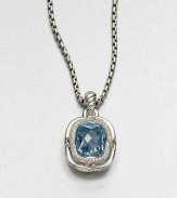 From the Labyrinth Collection. A stunning, faceted blue topaz stone surrounded by sparkling diamonds set in sleek sterling silver on an iconic cable bale. Blue topazDiamonds, .45 tcwSterling silverSize, about .7Fixed baleImported Please note: Chain sold separately. 