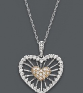 Love is a many splendored thing. Let it shine in this stunning sunburst heart pendant. An intricate wire design crafted from 14k white gold and 14k rose gold shines with the addition of sparkling round-cut diamonds (1/3 ct. t.w.). Approximate length: 18 inches. Approximate drop: 1 inch.