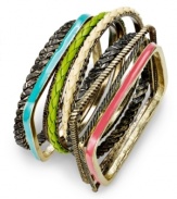 Create unique style combos with this bracelet set from Bar III. With braided detail, antiqued finishes and bright color, you'll add fabulous accessories to your collection. Crafted in antiqued silver tone mixed metal. Approximate diameter: 2-1/2 inches.