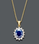 Style that's fit for a queen. This royalty-inspired pendant by Victoria Townsend features an oval-cut sapphire (1/3 ct. t.w.) surrounded by a halo of sparkling white topaz (5/8 ct. t.w.). Setting and chain crafted in 18k gold over sterling silver. Approximate length: 18 inches. Approximate drop: 1 inch.